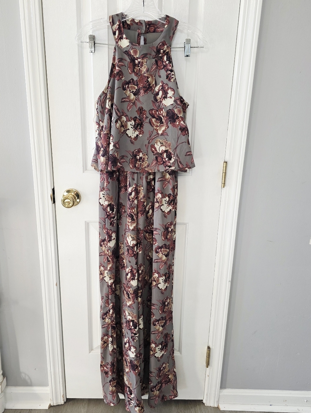Altar'd State Grey Floral Halter Jumpsuit with Mauve and Cream Blooms Small